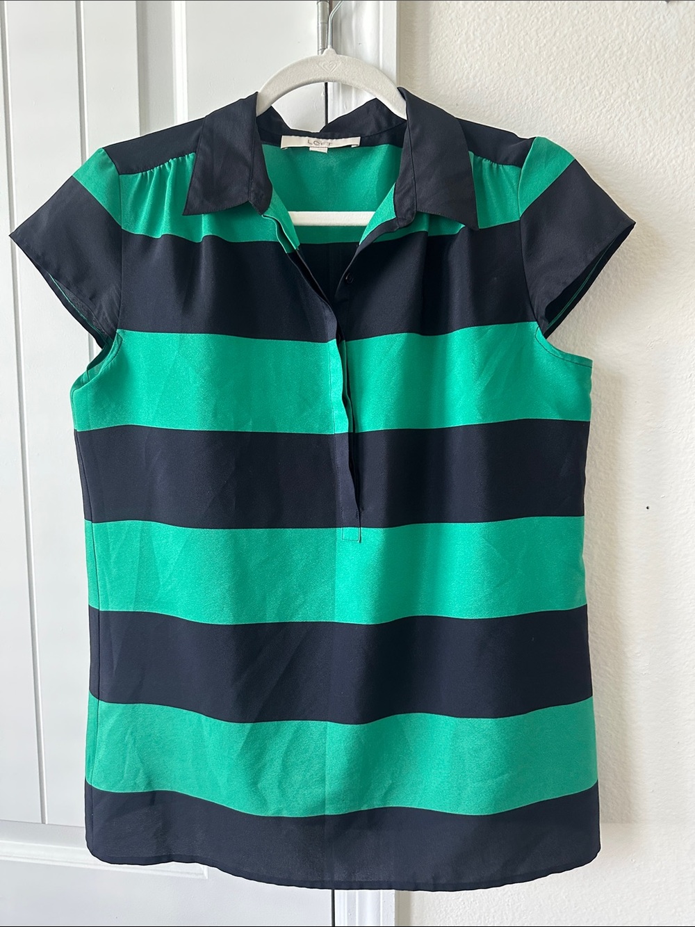 LOFT Green and Black Striped Cap-Sleeve Polo Blouse
